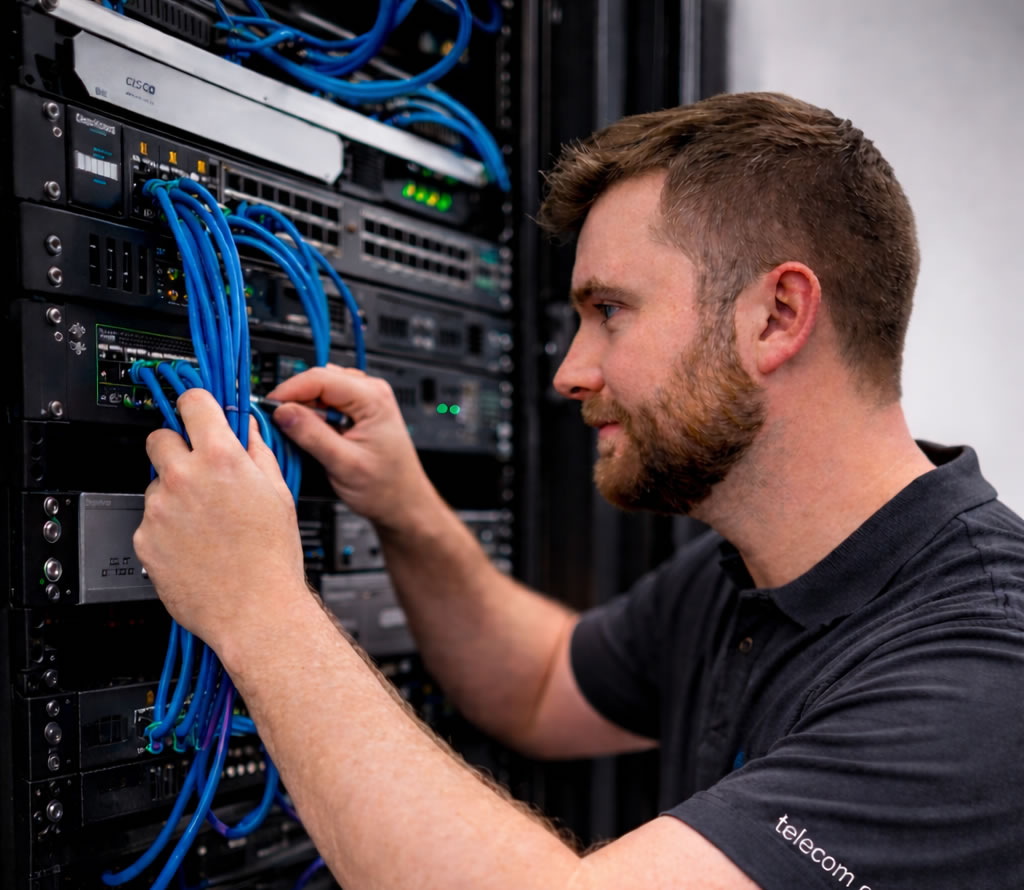 Telecom Central engineer at a network cabinet